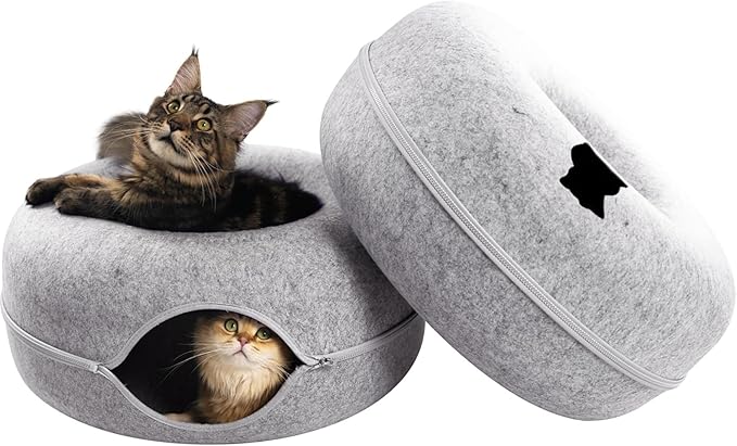 Cattasaurus Peekaboo Cat Cave Donut for Multiple & Large Cats up to 30-45 lbs, 3-in-1 Self Warming Cat Bed, Tunnel & Scratcher for Indoor Cats, Washable & Detachable (Light Gray + Light Gray, Large)