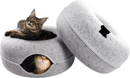 Cattasaurus Peekaboo Cat Cave Donut for Multiple & Large Cats up to 30-45 lbs, 3-in-1 Self Warming Cat Bed, Tunnel & Scratcher for Indoor Cats, Washable & Detachable (Light Gray + Light Gray, Large)