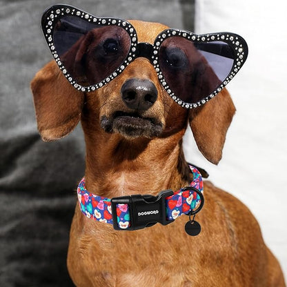DOGWONG Valentine's Dog Collar - Blue Heart Candy Adjustable Cotton Heart Dog Collar - Perfect for Small, Medium, Large Dogs