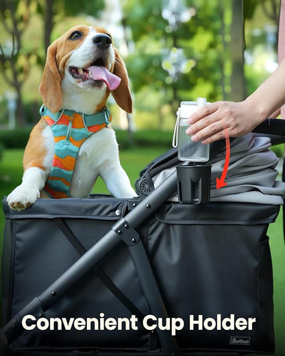 Pawccoli Medium Dog Stroller, Foldable Pet Stroller with Adjustable Handle & No Zip Entry, Storage Basket & Cup Holder, Canopy, Mesh Windows, Ideal for Medium Dogs and Cats Up to 50lbs, Black