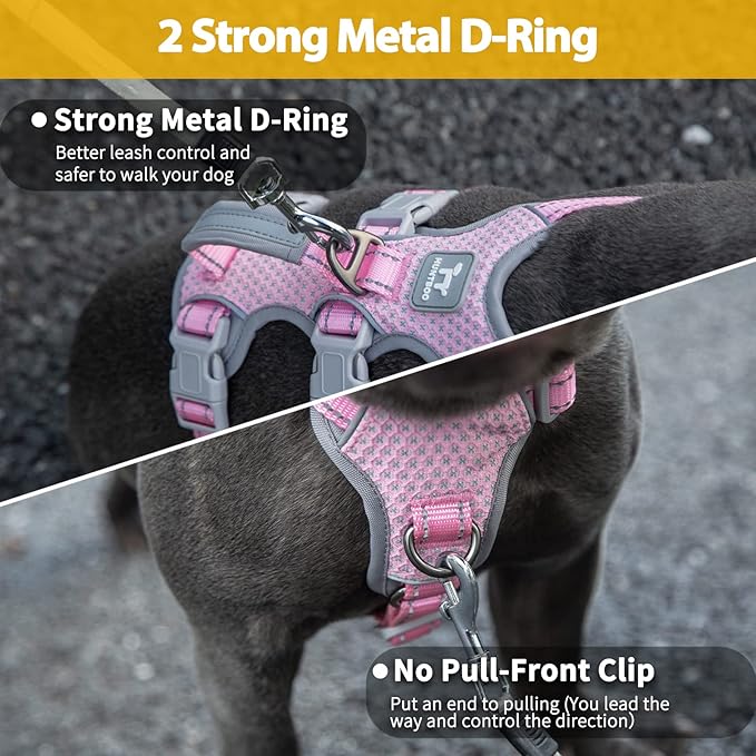 Huntboo Escape Proof Dog Harness, Escape Artist Harness, Fully Reflective Vest with Padded Handle, Breathable,Durable, Adjustable Vest for Medium Dogs Walking, Training, and Running Gear (Pink, XS