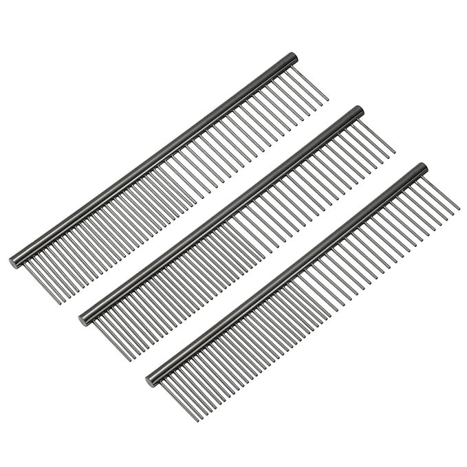 PETAXCELL Dog Cat Comb, Pet Combs Stainless Steel Teeth with Rounded Ends for Knots Mats Loose Hair Removal, 6.5IN (Black Plated, 3 Pack), Grooming Tool Intended for Long Curly Hair Pet