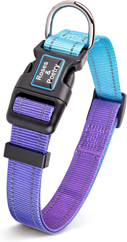 Roses&Poetry Reflective Dog Collar and Leash Set for Large Dogs, Blue and Purple Collar and Leash, Personalized Adjustable Durable Pet Matching Collars Leashes for Girl and Boy （Violet-L