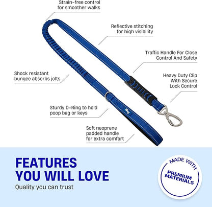 DF Co. Bungee Dog Leash | Strain Free & Shock Resistant for Control | Neoprene Padded Handle, Heavy-Duty Carabiner Clip, and D-Ring | Classic Blue, Size Small