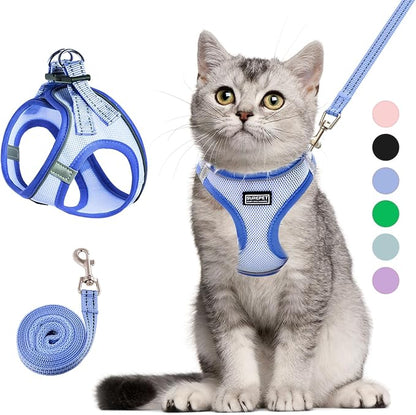 Betmaypet Cat Harness and Leash Set, Soft and Breathable Vest with Reflective Strip, Escape Proof Kitten Harness, Easy to Wear for Cats Walking and Traveling (Blue, XXS)