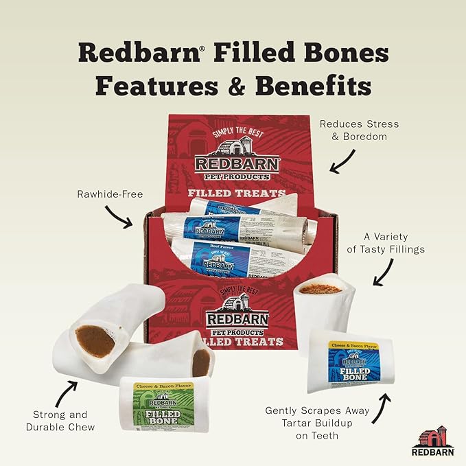 Redbarn Pet Products Large Filled Dog Bones, Peanut Butter Flavor - Long Lasting Stuffed Femur Chew Treat Made in USA - 4 Count - Packaging May Vary