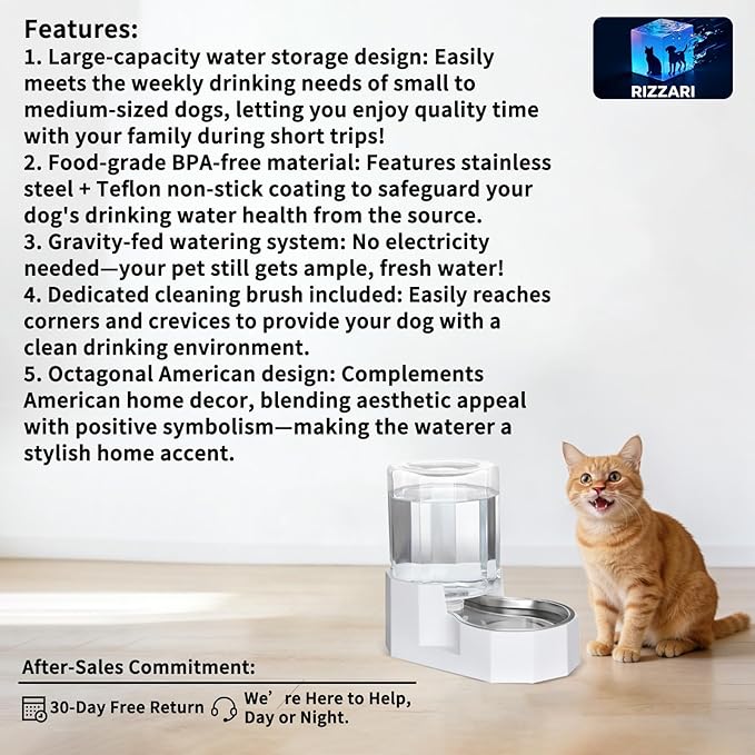 Sfozstra Gravity Water Bowl Dispenser : Automatic 4L White Cat Stainless Steel Feeder Without Filters for Pets Indoor/Outdoor by Owners