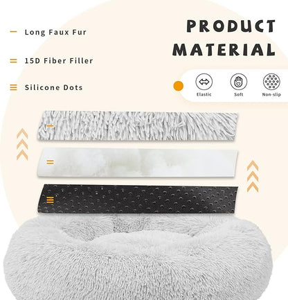 Calming Dog Bed for Medium Dogs Washable Donut 30 inches Anti-Slip Pet Bed,Round Fluffy Plush Faux Fur Cat Bed,Fits up to 45 lbs Pets,Grey