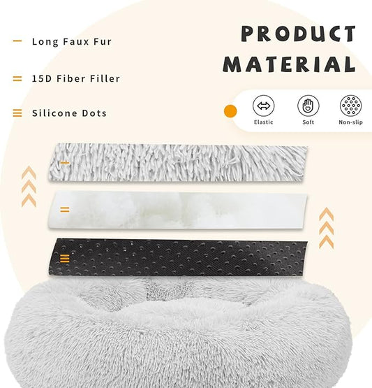 Calming Dog Bed for Medium Dogs Washable Donut 30 inches Anti-Slip Pet Bed,Round Fluffy Plush Faux Fur Cat Bed,Fits up to 45 lbs Pets,Grey