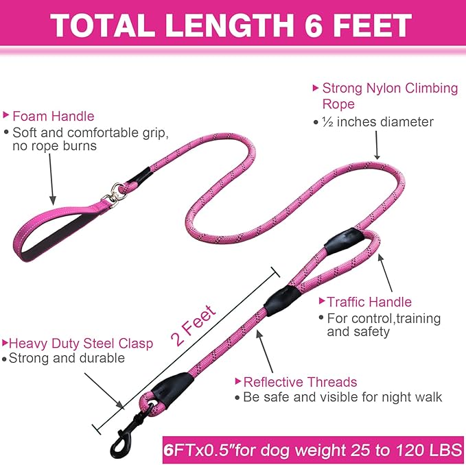 Dog Leash, 6 Foot Dog Leash, 2 Extra Padded Handles, Lockable Metal Carabiner Clip, Reflective No Pull Heavy Duty Rope Lead, Walking, Training, Running, Medium to Large Breeds（Pink）