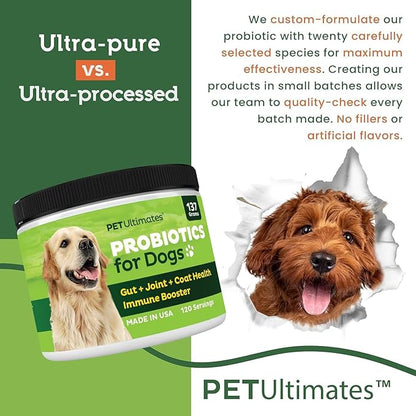 Pet Ultimates Probiotics for Dogs – 22-Species Dog Probiotics for Digestive Support & Antibiotics Recovery – Skin and Coat Supplement, Enhances Vitality – Dog Health Supplies (3 Pack)