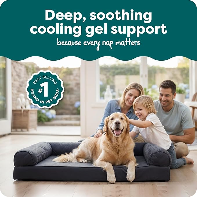 Furhaven Cooling Gel Dog Bed for Large Dogs w/ Removable Bolsters & Washable Cover, For Dogs Up to 95 lbs - Quilted Sofa - Iron Gray, Jumbo/XL