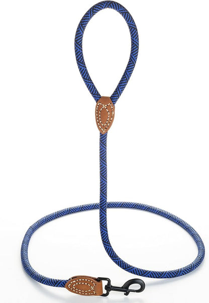 Mile High Life Rope Leash with Genuine Leather Connection, 6 FT/5 FT/4 FT, Heavy Duty Leash for Medium & Large Dogs (Blue, 60 Inch)
