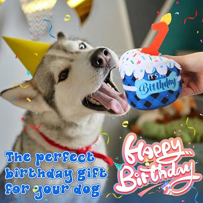 Dog 1st Birthday Cake Toy Accessories for Girl Boy Gifts, Blue Grid Squeaky Plush Toy for Dog Birthday Party Decor Favor for Large, Medium and Small Dogs
