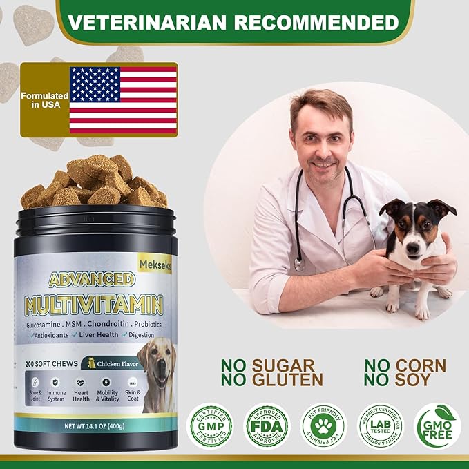 Advanced 24-in-1 Multivitamin Chews for Dogs - 200 Soft Chewable All-in-One Vitamin Support Supplement for Dog Joints, Gut Health, Skin & Coat with Omega-3, Probiotics & 12 Essential Vitamins
