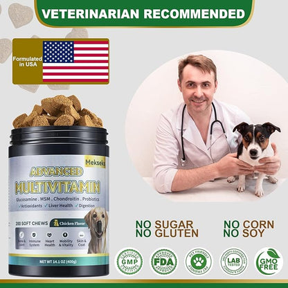 Advanced 24-in-1 Multivitamin Chews for Dogs - 200 Soft Chewable All-in-One Vitamin Support Supplement for Dog Joints, Gut Health, Skin & Coat with Omega-3, Probiotics & 12 Essential Vitamins