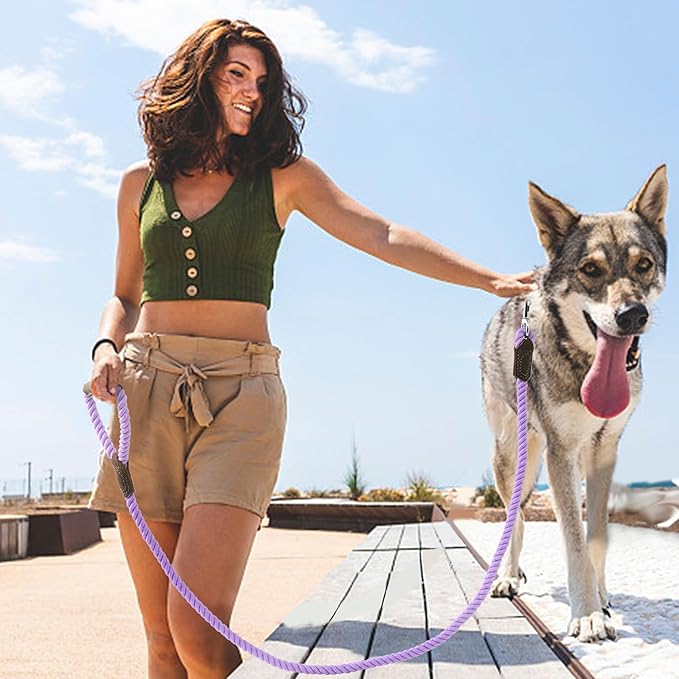 Mile High Life Dog Leash, Braided Cotton Rope Leashes with Leather Handle - Heavy Duty Metal Clasp, 5FT, 1/2" Thick - Wedding, Walking & Training Leash for Small Medium Large Dogs (Purple)
