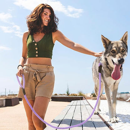 Mile High Life Dog Leash, Braided Cotton Rope Leashes with Leather Handle - Heavy Duty Metal Clasp, 5FT, 1/2" Thick - Wedding, Walking & Training Leash for Small Medium Large Dogs (Purple)