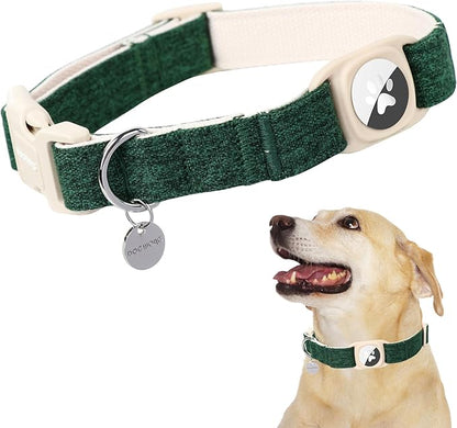 DOGWONG Airtag Cotton Hemp Dog Collar, Heavy-Duty Dog Collar with Airtag Holder Christmas Deep Green Natural Fabric Cute Puppy Necklace for Small Medium Large Dogs