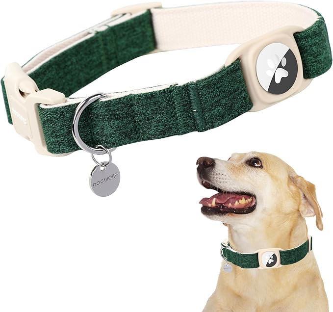 DOGWONG Airtag Cotton Hemp Dog Collar, Heavy-Duty Dog Collar with Airtag Holder Christmas Deep Green Natural Fabric Cute Puppy Necklace for Small Medium Large Dogs