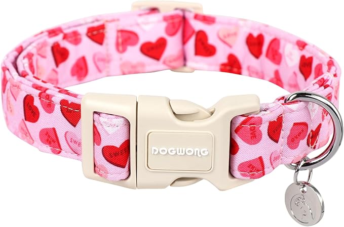 DOGWONG Valentine's Dog Collar - Pink Heart Adjustable Cotton Heart Dog Collar - Perfect for Extra Large Dogs