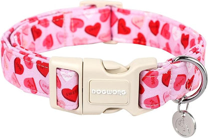 DOGWONG Valentine's Dog Collar - Pink Heart Adjustable Cotton Heart Dog Collar - Perfect for Small, Medium, Large Dogs