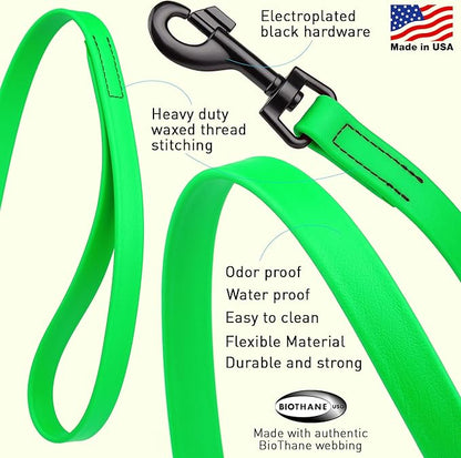 Dogline Biothane Waterproof Dog Leash Strong Coated Nylon Webbing with Black Hardware Odor-Proof Easy to Clean High Performance for Small or Large Dogs Made in USA 4 or 6 ft Lead, Tropical Green