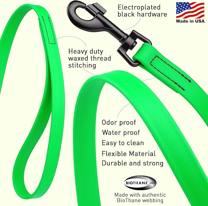 Dogline Biothane Waterproof Dog Leash Strong Coated Nylon Webbing with Black Hardware Odor-Proof Easy to Clean High Performance for Small or Large Dogs Made in USA 4 or 6 ft Lead, Tropical Green