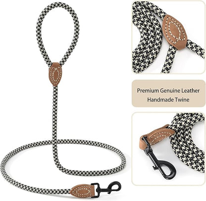 Mile High Life Rope Leash with Genuine Leather Connection, 6 FT/5 FT/4 FT, Heavy Duty Leash for Medium & Large Dogs (Black Khaki, 60 Inch)