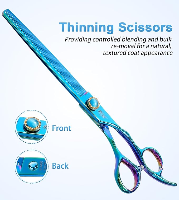 Stjuo 7.5'' Dog Thinning Scissors for Grooming 440C Stainless Steel Green Professional Pet Trimming Scissors Sharp Blades Cutting for Dogs and Cats Shears