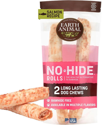Earth Animal No Hide Chews - Long Lasting Rawhide Free Large Dog Chews Rolls, Salmon - 2 Count