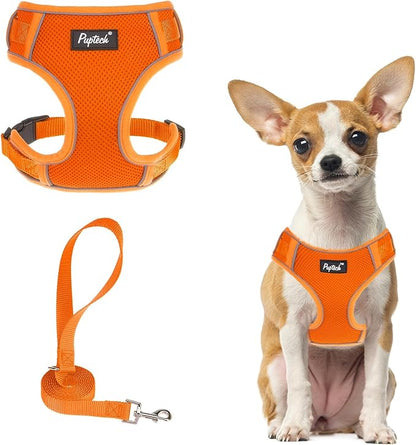 PUPTECK Small Dog Harness and Leash Set, No Pull Adjustable Puppy Cat Harness, Reflective Soft Mesh Pet Vest Small Sized, Orange, XS