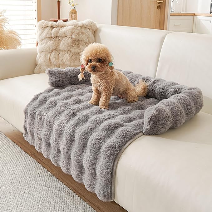 Calming Dog Bed for Couch, 29.5 x 29.5 inch, Non-Slip Rabbit-Velvet Dog Sofa Mat for Furniture Protector, Perfect for Small, Medium Dogs and Cats (Dark Gray)