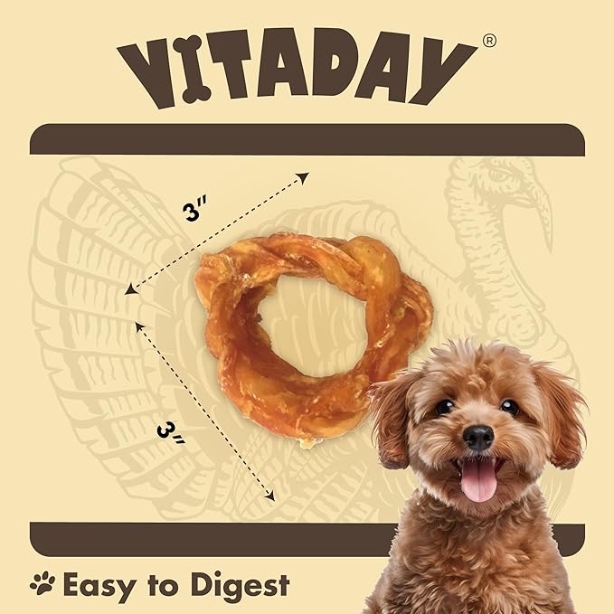 VITADAY Turkey Tendons for Dogs, All Natural, Healthy Dog Treats, Long Lasting, Hypoallergenic Dog Chews, Rawhide Free, USA-Sourced, for Small Dogs, Ring (S), 4 Count Pack