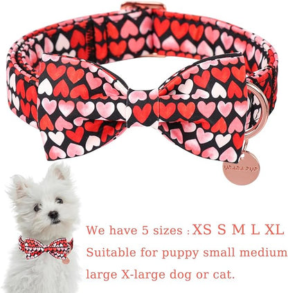 Valentine’s Day Dog Collar with Bow Tie, Red Heart Bowtie Collar with Metal Buckle, Valentine’s Day Gift Adjustable Pet Collar for Puppy Girl Boy Dog or Cat, S, Neck 10-16in