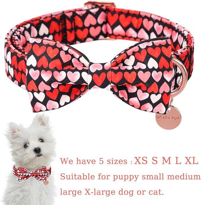 Valentine’s Day Dog Collar with Bow Tie, Red Heart Bowtie Collar with Metal Buckle, Valentine’s Day Gift Adjustable Pet Collar for Puppy Girl Boy Dog or Cat, XL, Neck 16-26in