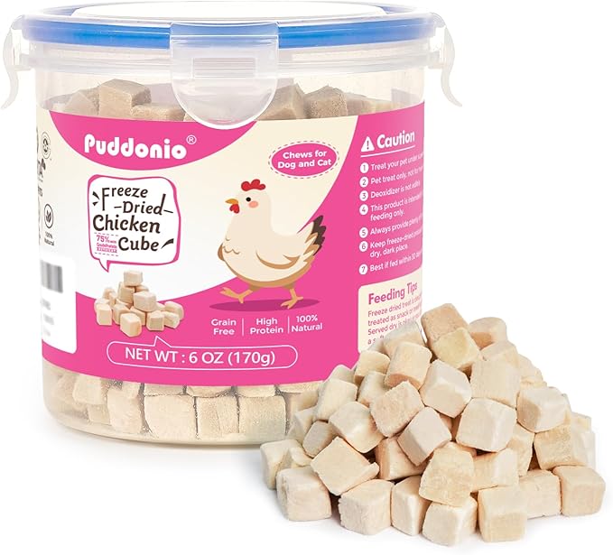 Puddonio Freeze Dried Cats & Dogs Raw Treats, All Natural Single Ingredient Chicken Breast, High Protein Healthy Pet Training Treats or Food Topper, 6 oz