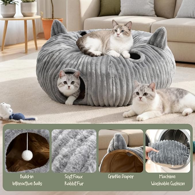 OurWarm Cat Tunnel Bed for Indoor Cats - Round Cat Tunnel Bed with Removable and Washable Circle Cushion, Donut Cats Play Tunnels, Kitten Toys with Ear Sounds for Kitten/Puppy/Rabbit, Grey
