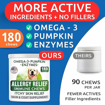 BARK&SPARK Dog Allergy Relief Chews (180 Immune Treats) - Anti-Itch Skin & Coat Supplement - Omega 3 Fish Oil - Dry & Itchy Skin Relief Treatment Pills - Itching, Paw Licking & Hot Spots