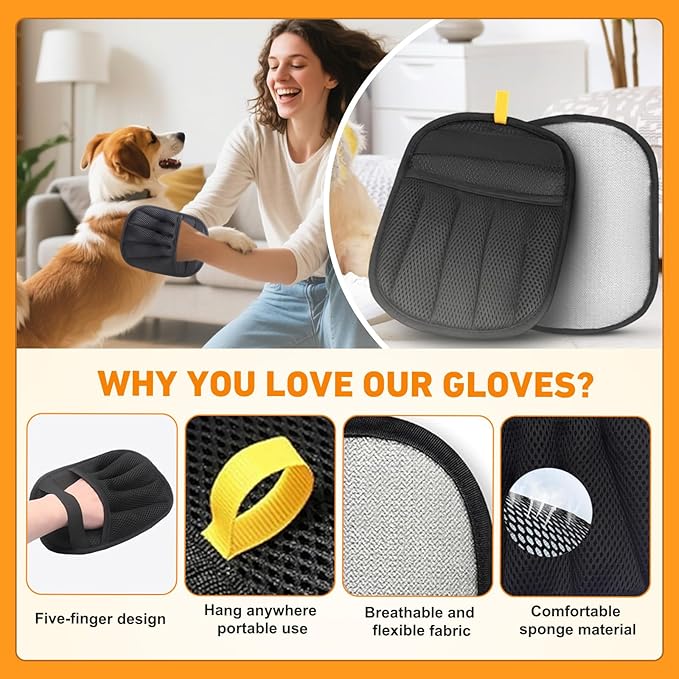 Florteen Pet Hair Removal Glove for Cats & Dogs Hair Remover,Reusable Electrostatic Pet Hair Remover Gloves,Magic Brush Pet Hair Removal Tool for Furniture,Couch,Car Seats,Clothing(2Pcs)