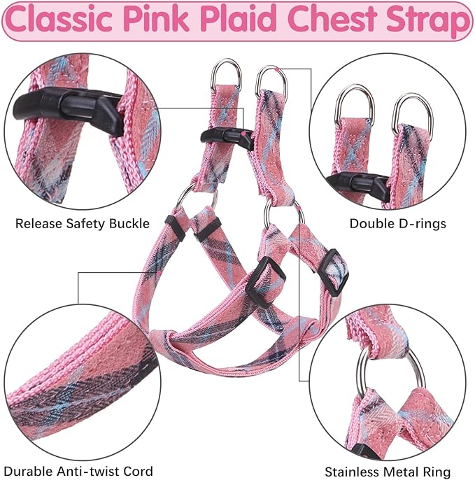 BINGPET Dog Harness Collar Leash Set,Adjustable No Pull Escape Proof Small Dog Harness,Classic Plaid Puppy Harness and Leash Set for Small Medium Large Dogs Training Easy Walk Running(Pink,M)