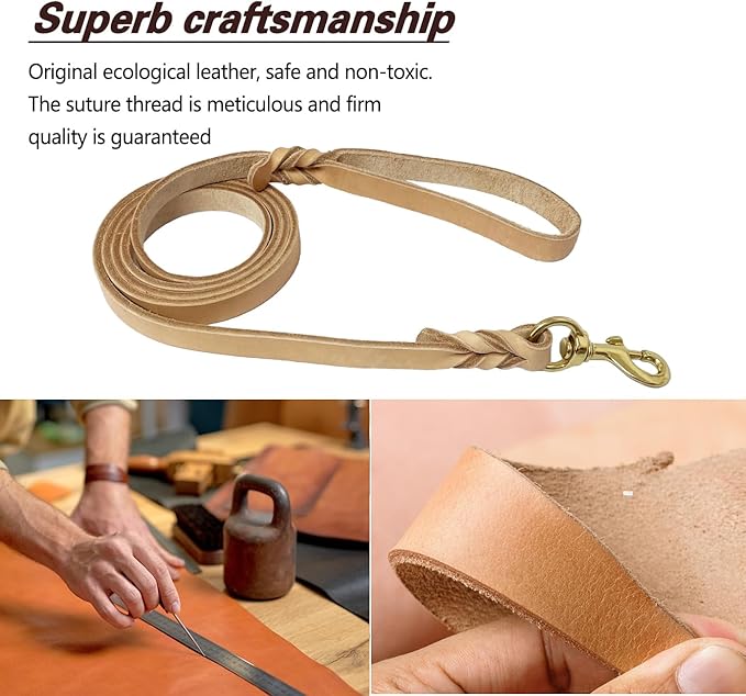 LWBMG Leather Dog Leash - 6ft x 1/2 inch Heavy Duty, Braided, Comfortable for Large, Medium & Small Dogs - Training Tan