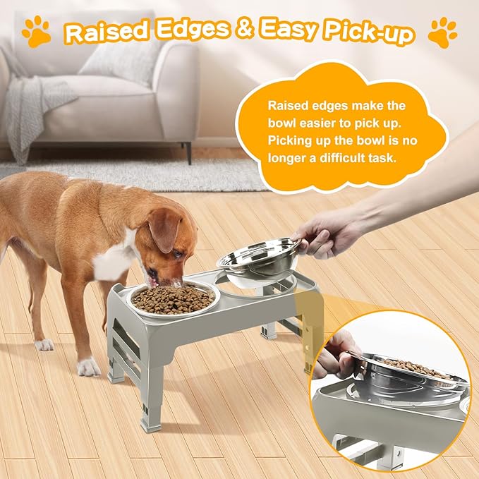 Elevated Dog Bowls for Small Dogs 3 Height Adjustable Raised Dog Bowl Stand with 25oz Stainless Steel Food Bowls Anti-Slip Small Dogs Feeder Adjusts to 7.5", 6", 2.75", Light Brownish Gray
