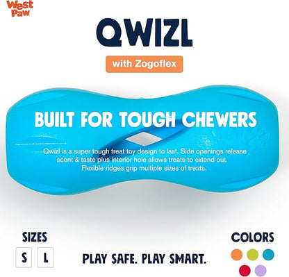 West Paw Zogoflex Qwizl Interactive Treat Dispensing Dog Puzzle Treat Toy for Dogs, 100% Guaranteed Tough, It Floats!, Made in USA, Large, Aqua Blue