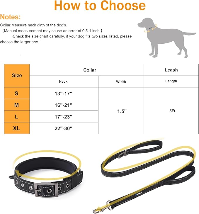 Annchwool Adjustable Dog Collar and 5 FT Leash Set with Heavy Duty Metal Buckle–Comfortable Lining Reflective Collar & Dual-Handles for Small Medium Large Dogs Walking,Running(Black Set,L:17’‘-23’‘)