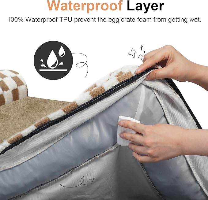 Large Dog Bed Orthopedic Washable: Beds Bolster XL Bed Big XLarge Dogs Egg Crate Foam Couch Sofa Waterproof with Removable Cover - Brown Grid