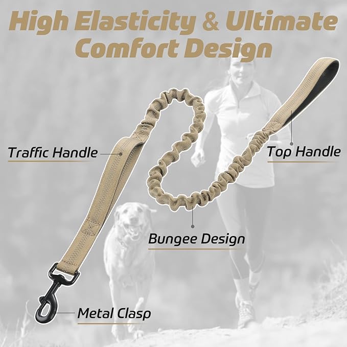 rabbitgoo Tactical Bungee Dog Leash with Shock Absorption, Military Training Leash with 2 Padded Control Handles for Medium Large Dogs, 6FT, Brown