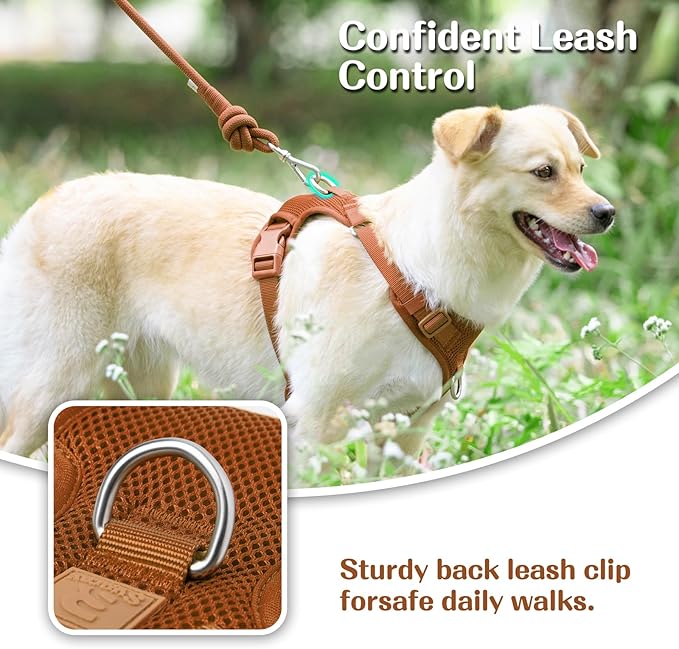 No Pull Dog Harness for Small Medium Large Dogs - Adjustable 2 Layer Mesh Dog Vest with Dual Clip, Escape Proof, Quick Release, Lightweight Breathable Mesh for Walking Hiking (Carmel Brown,XL)