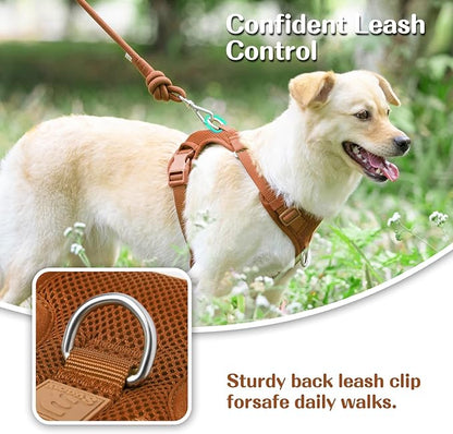 No Pull Dog Harness for Small Medium Large Dogs - Adjustable 2 Layer Mesh Dog Vest with Dual Clip, Escape Proof, Quick Release, Lightweight Breathable Mesh for Walking Hiking (Carmel Brown,XL)