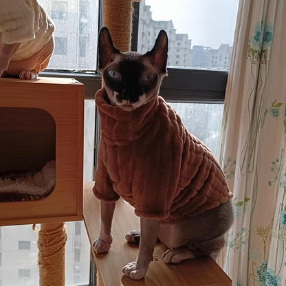 Turtleneck Sweater for Sphynx Cat Soft Coral Fleece Cat Clothes Thick Winter Warm Outfit Coat for Hairless Cats and Small Dogs Apparel with Sleeves (Brown, L (7-8.5 lbs))